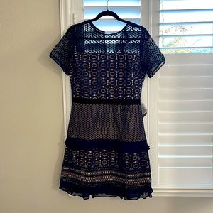 Lace and Chiffon Navy Dress - M, NWT